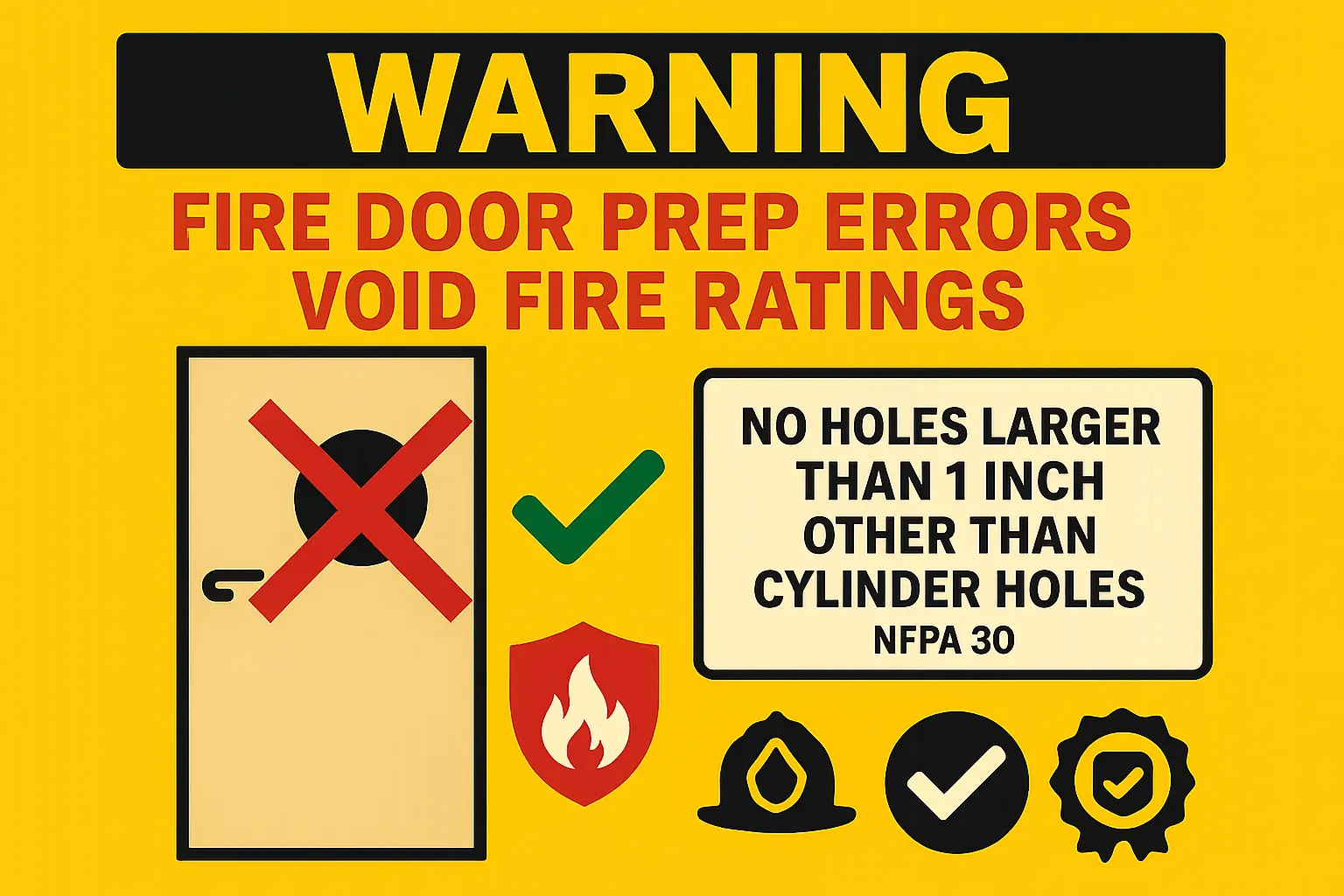 This visual anchors the critical fire door compliance rule that drilling oversized holes voids fire ratings, helping installers avoid costly code violations and insurance problems.