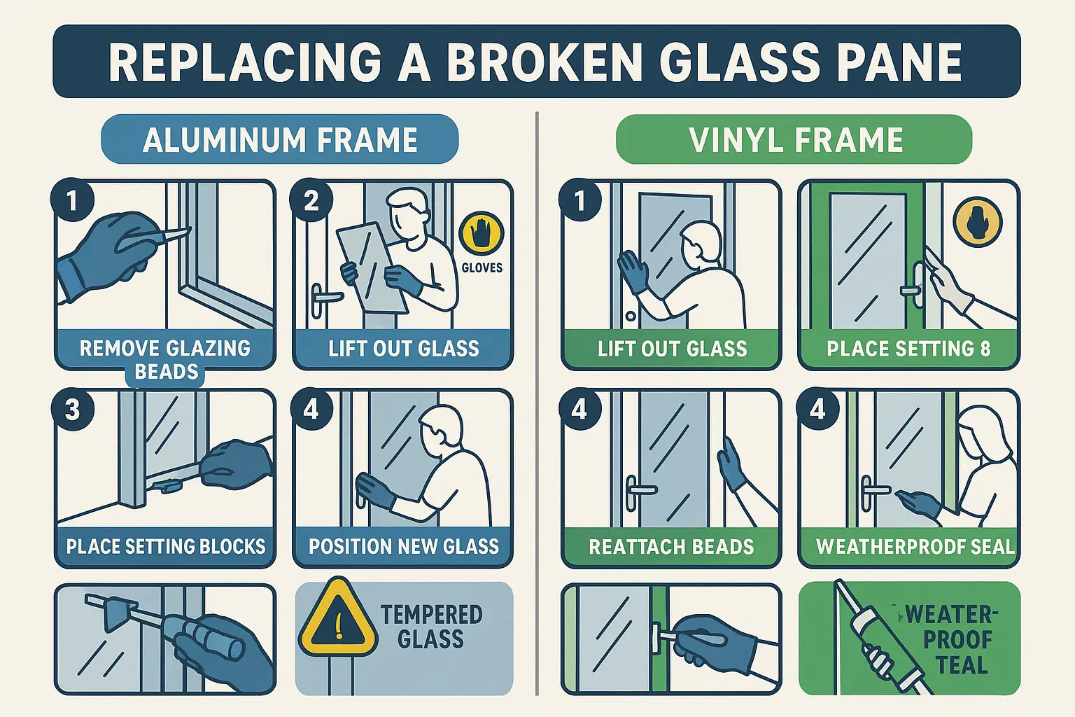 This stepwise infographic demystifies the glass replacement process for two common frame types, emphasizing safety and correct procedure to empower confident DIY attempts or understanding of professional repair.