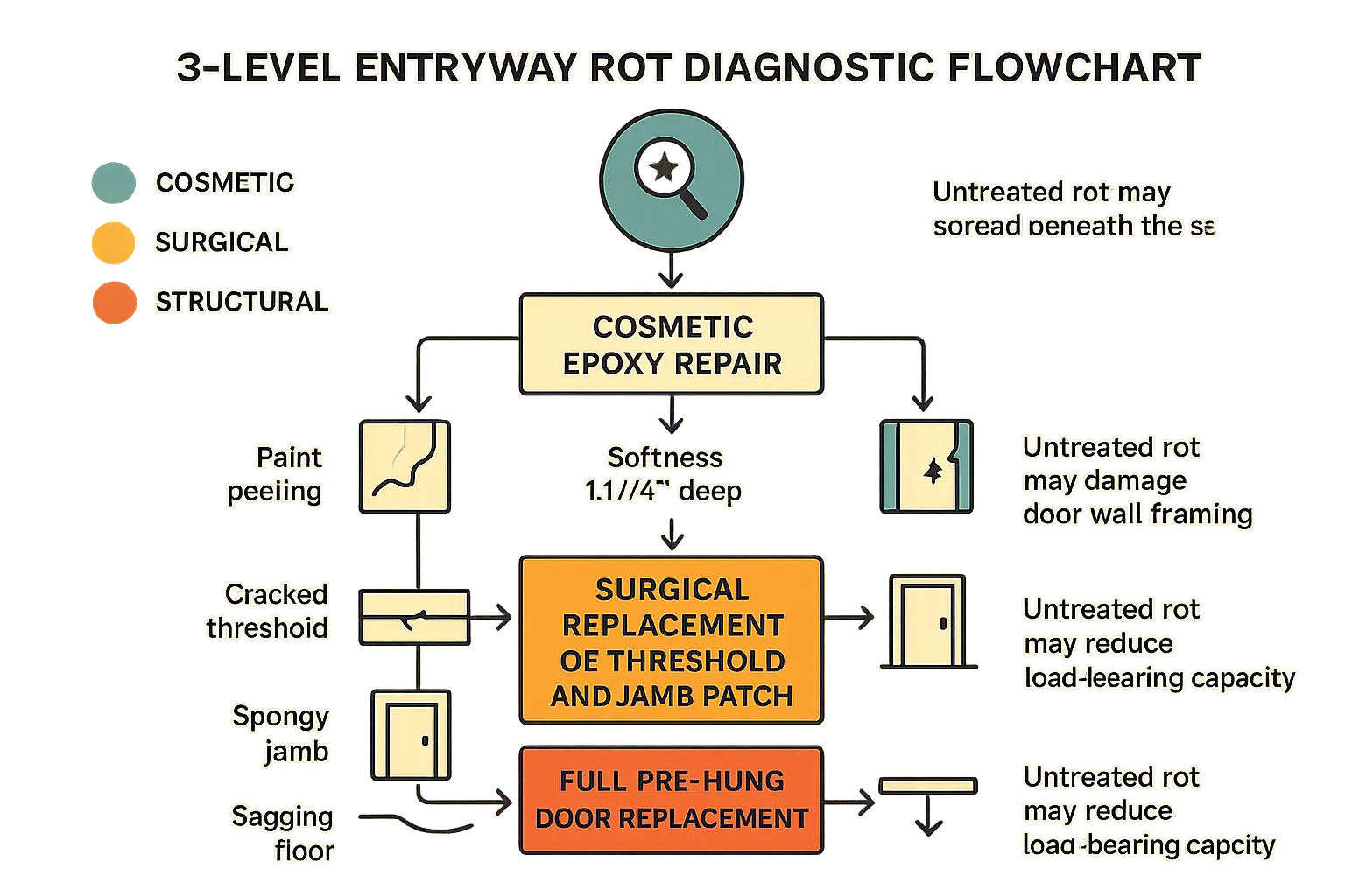 This visual decision tree clearly guides homeowners through diagnosing the severity of rot at their exterior door entryway and choosing the appropriate level of repair, enabling confident problem triage.