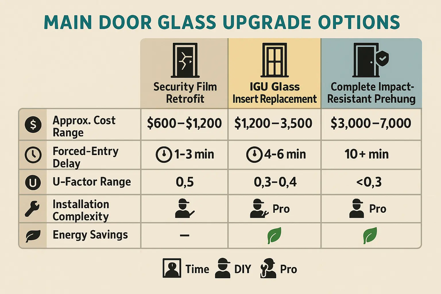 Side-by-side visual decision matrix helping homeowners and property managers quickly compare costs, security benefits, energy performance, and installation for different door glass upgrade choices.
