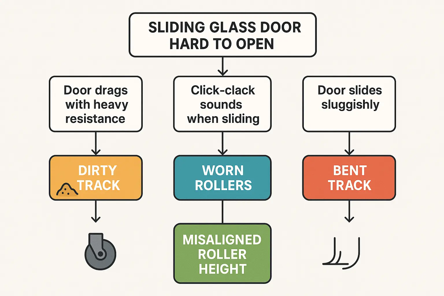 Step-by-step visual diagnostic tool helping homeowners quickly identify why their sliding glass door is hard to open, enabling targeted solutions.