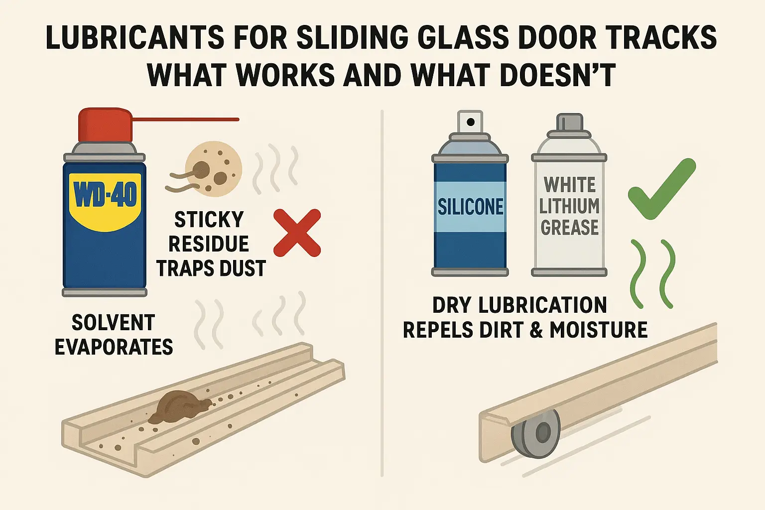 Visual reminder why WD-40 harms sliding door tracks by attracting dirt, while dry silicone and white lithium grease keep rollers sliding smoothly and cleanly.