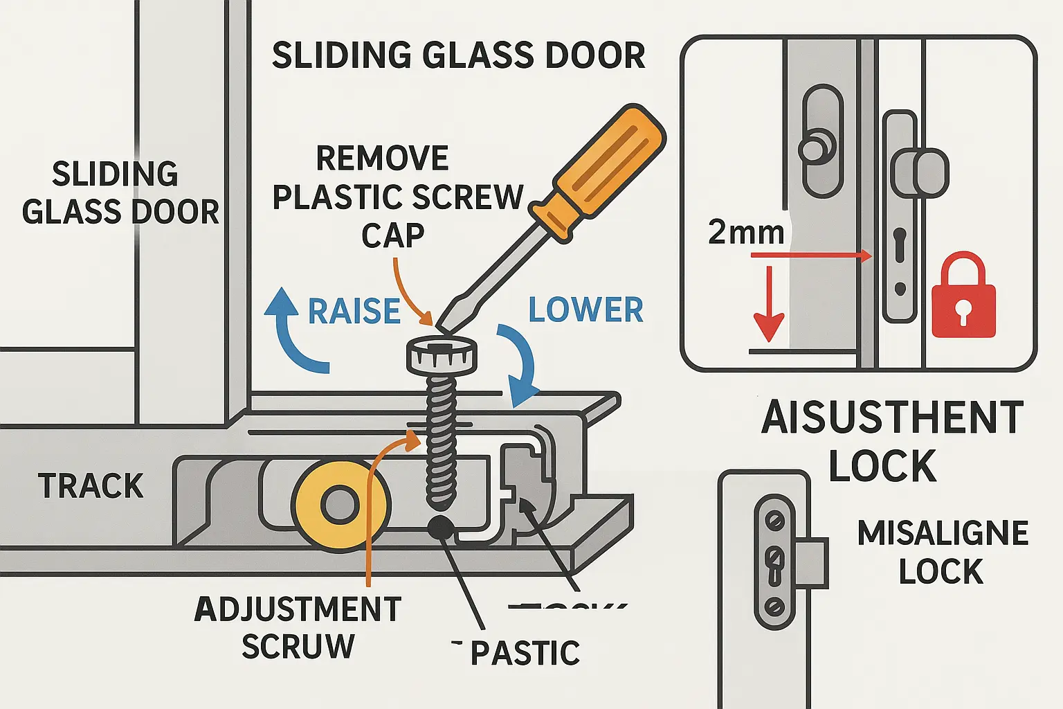 Learn how to adjust your sliding door rollers to restore smooth operation and proper lock alignment, preventing security issues caused by roller sag.