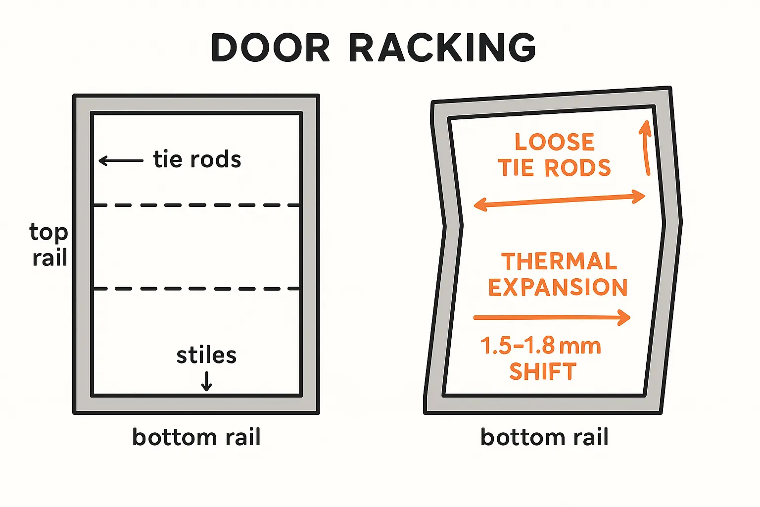 This diagram clarifies the racking effect on aluminum storefront doors, showing how loose tie rods and temperature changes distort the rectangular frame into a parallelogram, causing scraping and door misalignment.