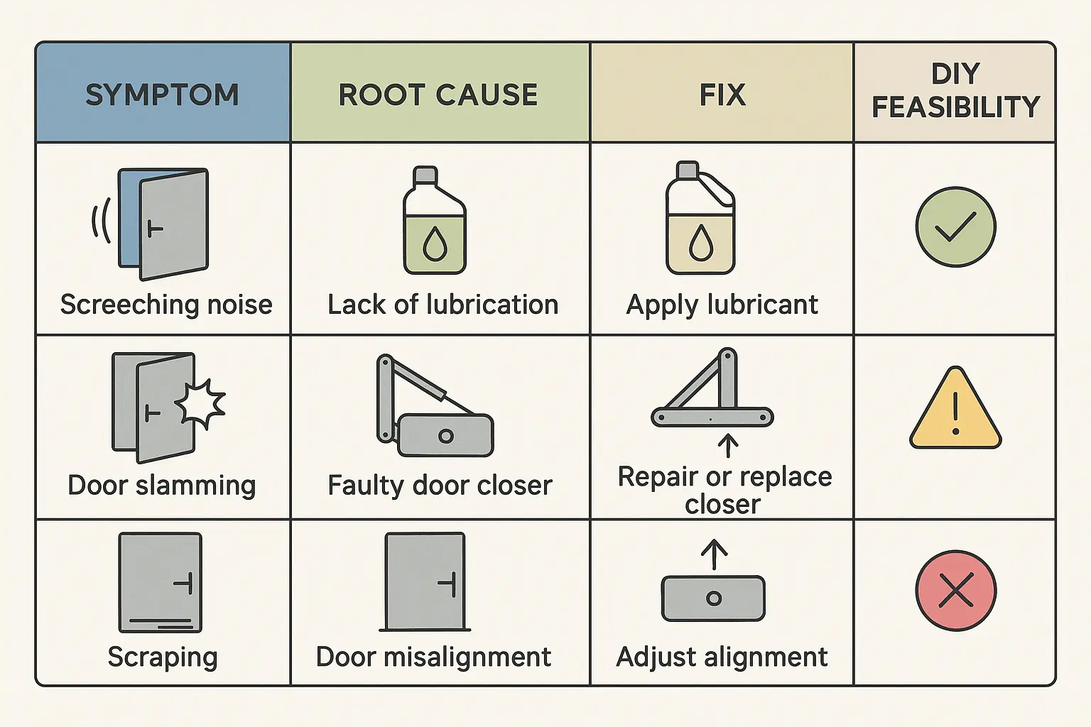 This diagnostic matrix guides users to quickly identify the cause of door problems from symptoms to fixes, empowering facility managers and technicians with an efficient decision-making tool.