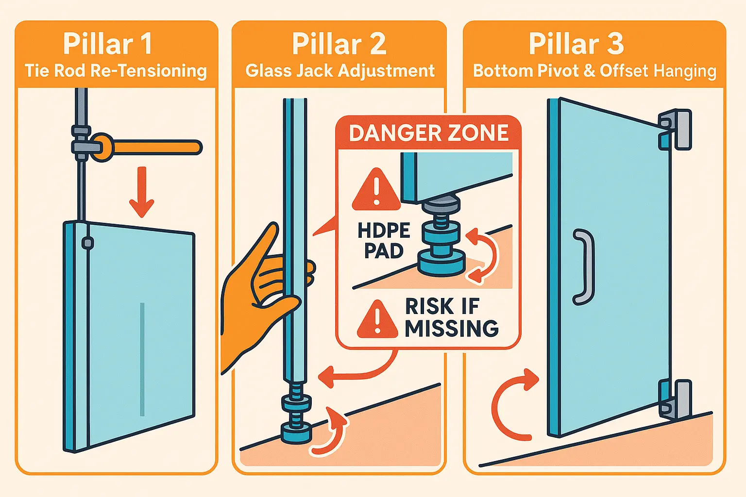 This infographic anchors key storefront door adjustment concepts in memory by visually breaking down three critical steps, including a highlighted safety warning for glass jack adjustments.