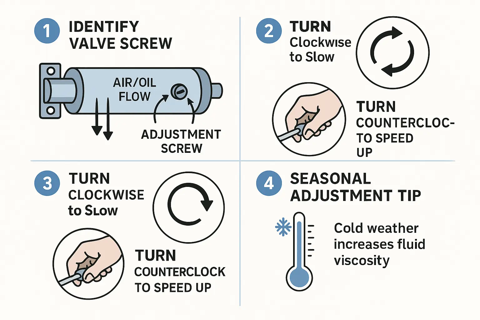 How to tune your storm door closer valve: Turn clockwise to slow the door and counterclockwise to speed it up. Seasonal temperature changes require adjusting for thicker hydraulic fluid in winter to keep the door closing smoothly.