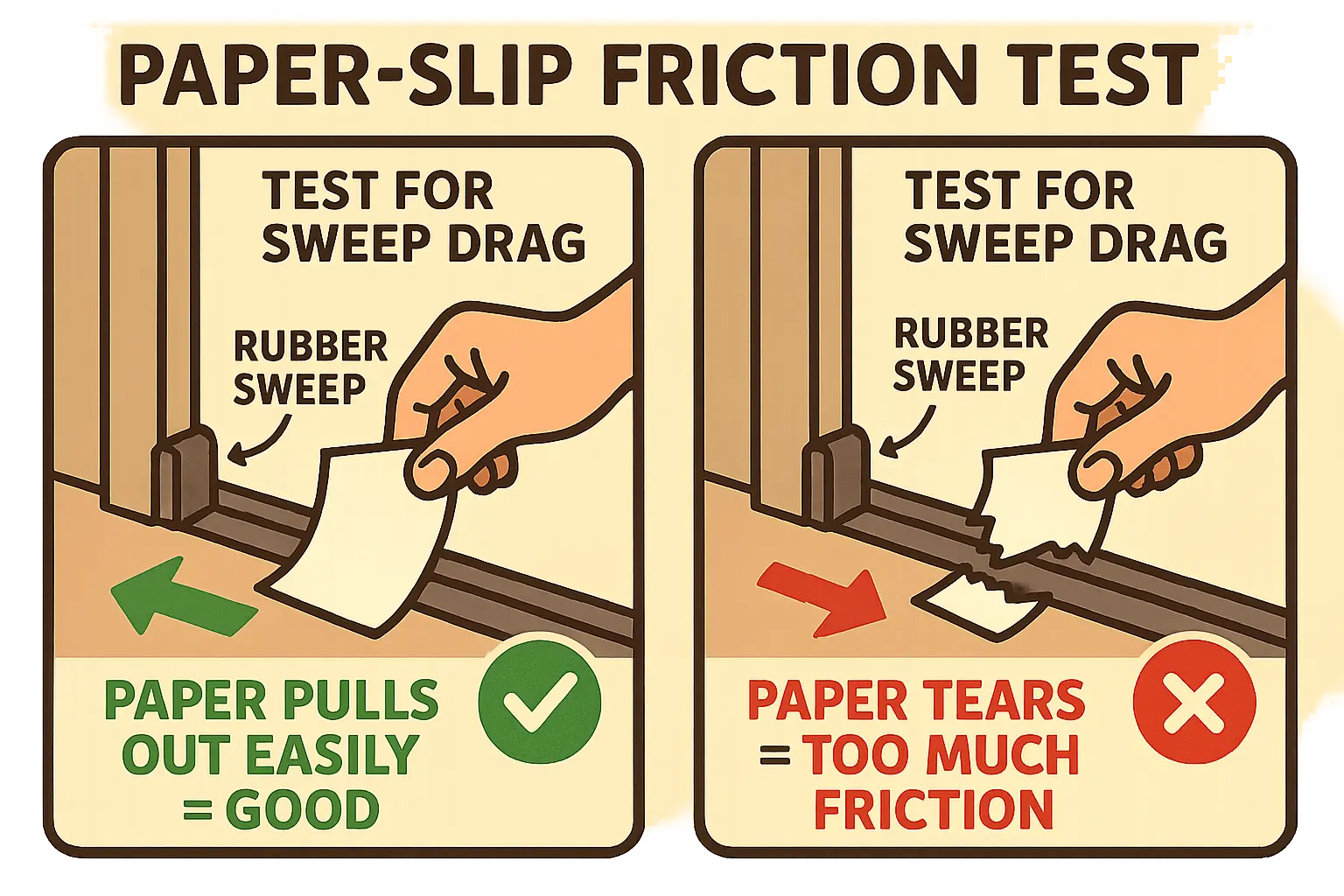 Use the Paper-Slip Friction Test to check if your storm door's bottom sweep is dragging too hard on the threshold. If the paper tears when pulling out, the sweep needs adjustment for smoother closing.